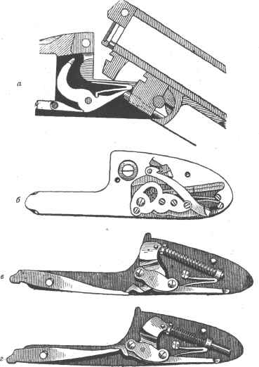 Рис. 17. Замки бескурковых ружей: а—замок Гринера в колодке; б—замок, смонтированный на боковых досках; в—то же, но со спиральной пружиной (ударник спущен); г—то же (ударник взведен)