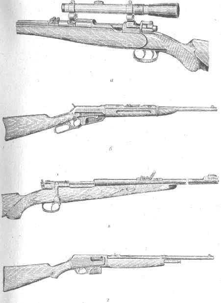 Рис. 33. Типы карабинов (охотничьи винтовки боевого типа под сильные зверовые патроны): а —карабин Маузера с оптическим прицелом; б — карабин Винчестера обр 1895 в — карабин Маузера; г— самозарядный карабин Винчестера калибра 401.