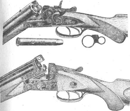 Рис. 44. а—Бюксфлинт с обычным для двустволки горизонтальным расположением стволов; здесь же показан дульный срез стволов и винтовочный патрон для нарезного ствола; б — Бюксфдинт с вертикальным расположением стволов