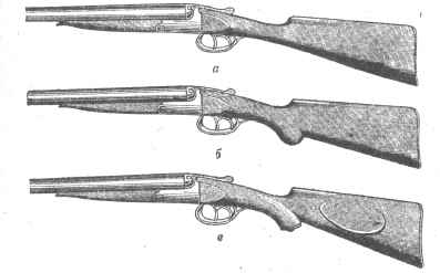 Рис. 9. а—английская ложа; б—полупистолетная ложа, в—пистолетная ложа со щекой