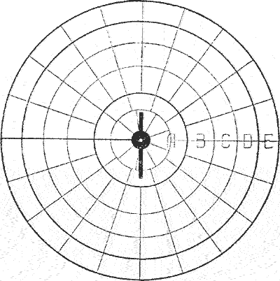 Стодольная мишень: диаметр яблока 50 мм; диаметр первого центрального круга 163 мм; диаметры окружностей
